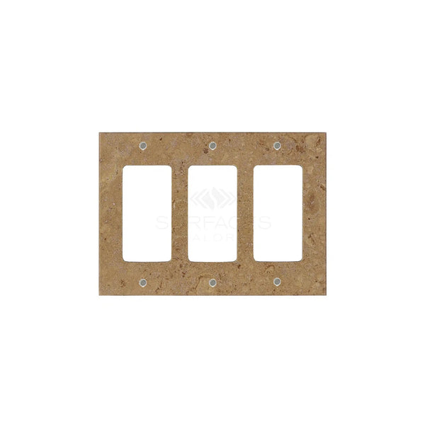 Noce Travertine triple rocker switch wall plate, offered by SurfacesGalore, features oval screw holes distributed evenly around rectangular cutouts, seamlessly blending with any decor.