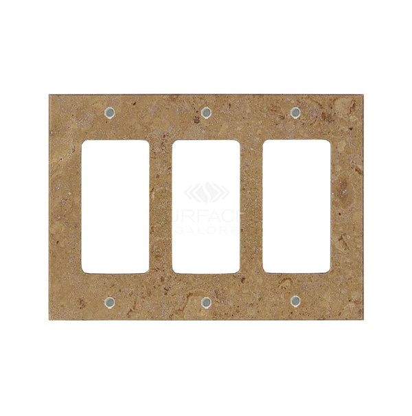 A Noce Travertine Triple ROCKER Switch Wall Plate from SurfacesGalore with a rich brown hue and five screw holes.