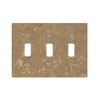 The Noce Travertine Triple Toggle Switch Plate by SurfacesGalore features a rectangular, rustic-style design with a distressed brown finish that blends the aesthetic of natural stone into its look.