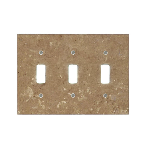 The Noce Travertine Triple Toggle Switch Plate by SurfacesGalore features a rectangular, rustic-style design with a distressed brown finish that blends the aesthetic of natural stone into its look.