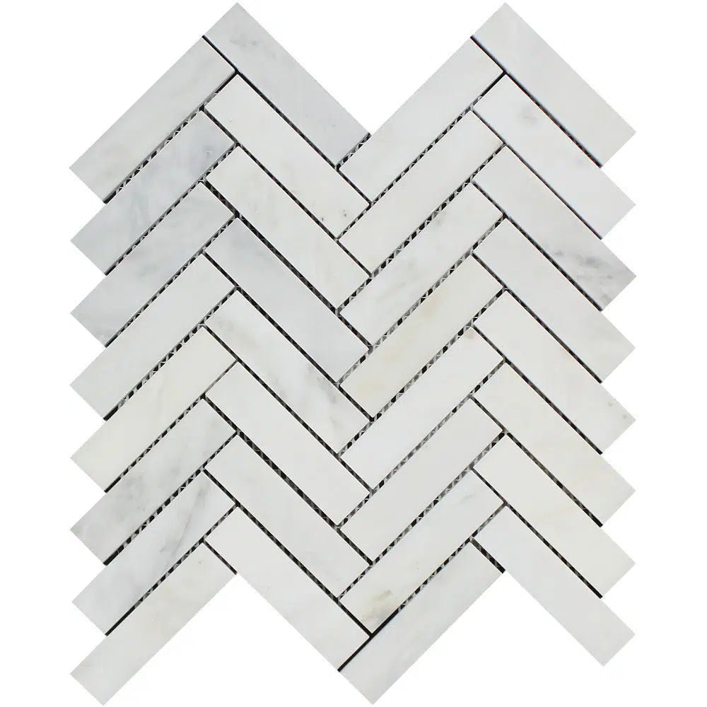 Oriental White / Asian Statuary 1X4 Herringbone Marble Mosaic Polished - Honed - SurfacesGalorePolished