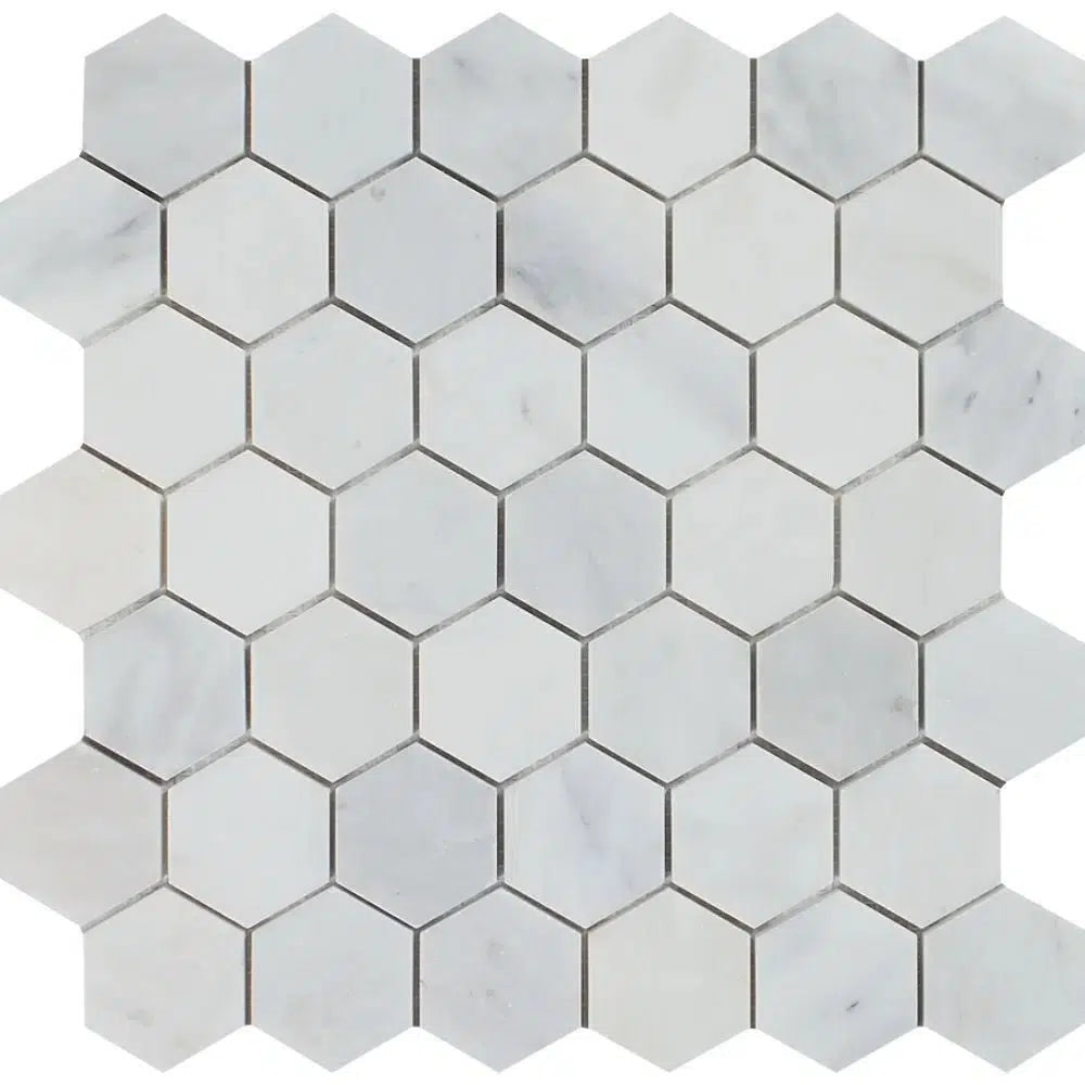 Oriental White / Asian Statuary 2" Hexagon Marble Mosaic Polished-Honed