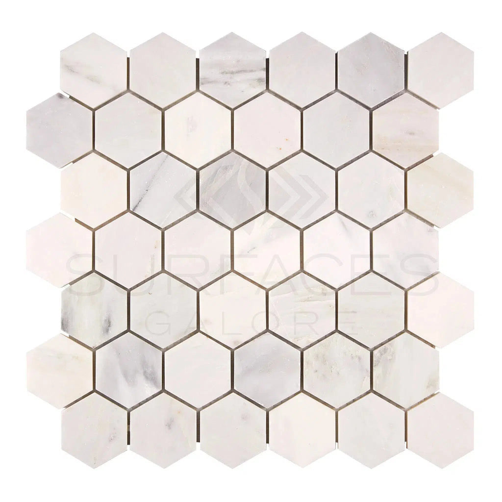 Oriental White / Asian Statuary 2" Hexagon Marble Mosaic Polished-Honed