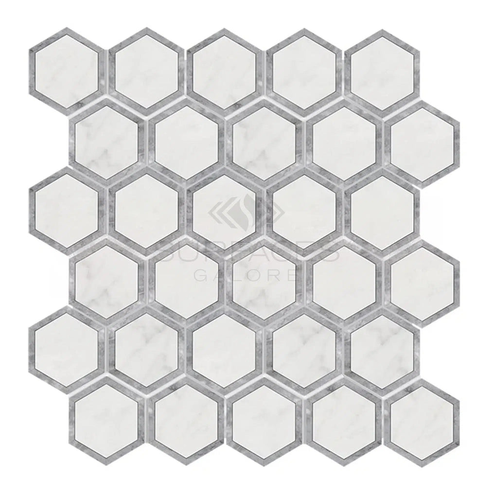 Oriental White / Asian Statuary 2" Vortex Hexagon w/Blue-Gray Marble Mosaic Polished-Honed