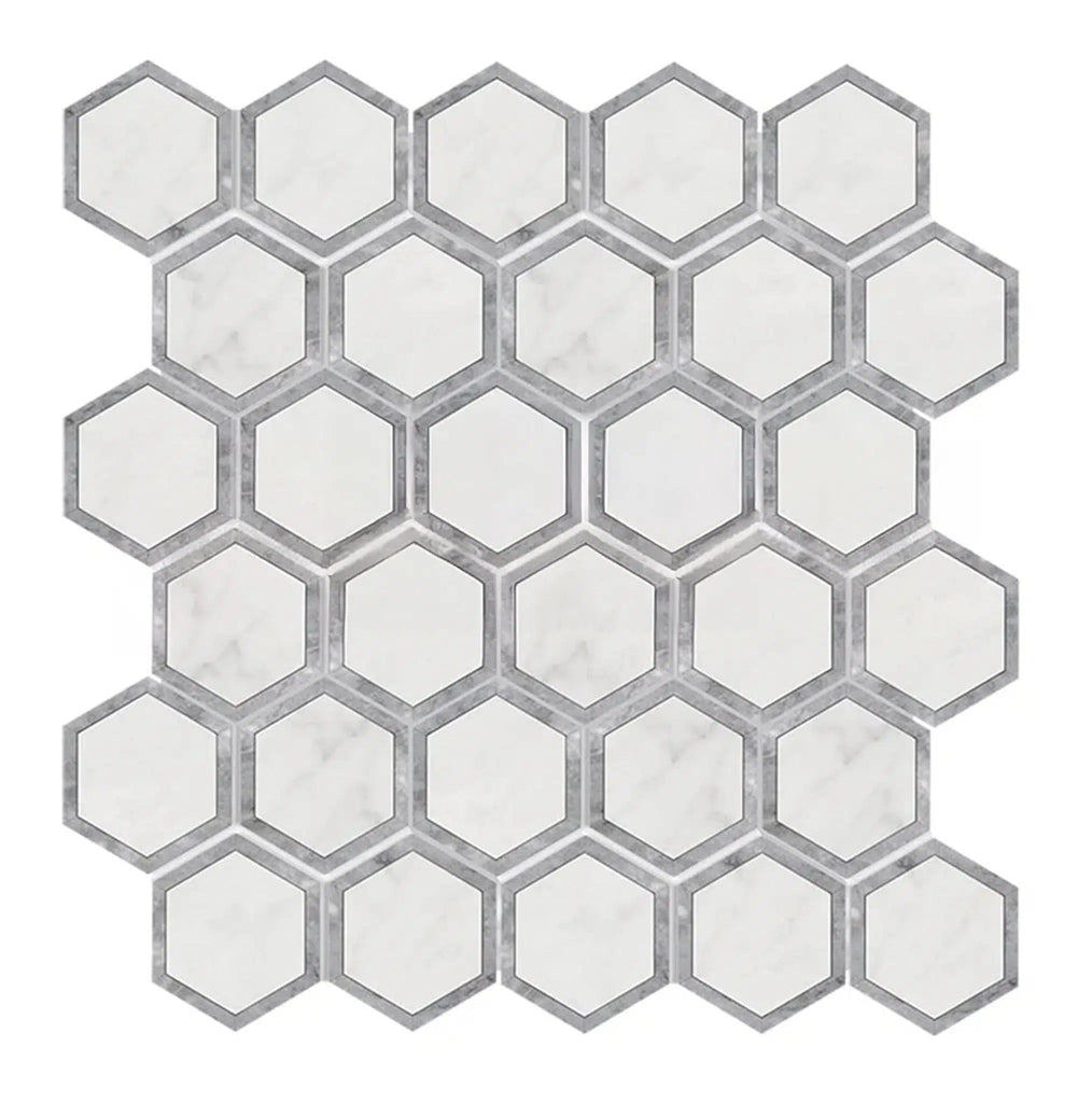 Oriental White / Asian Statuary 2" Vortex Hexagon w/Blue-Gray Marble Mosaic Polished-Honed