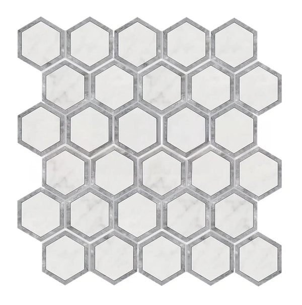 Oriental White / Asian Statuary 2" Vortex Hexagon w/Blue-Gray Marble Mosaic Polished-Honed