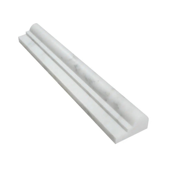 The Oriental White / Asian Statuary 2X12 OG-1 (Single-Step Chair Rail Trim) Liner Polished-Honed by SurfacesGalore features a beveled edge and a subtle gray veining pattern, perfect for doorways and transitions.