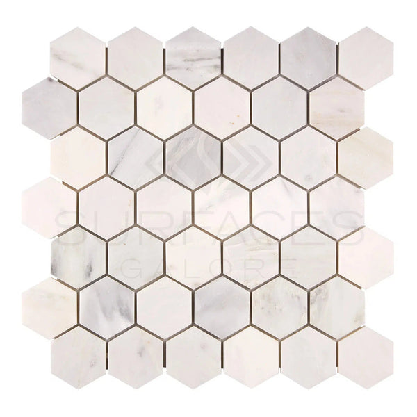 Oriental White / Asian Statuary 2X2 Hexagon Marble Mosaic Polished - Honed - SurfacesGalorePolished