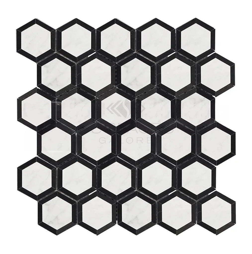 Oriental White / Asian Statuary 2X2 Vortex Hexagon w/Black Marble Mosaic Polished - Honed - SurfacesGalorePolished