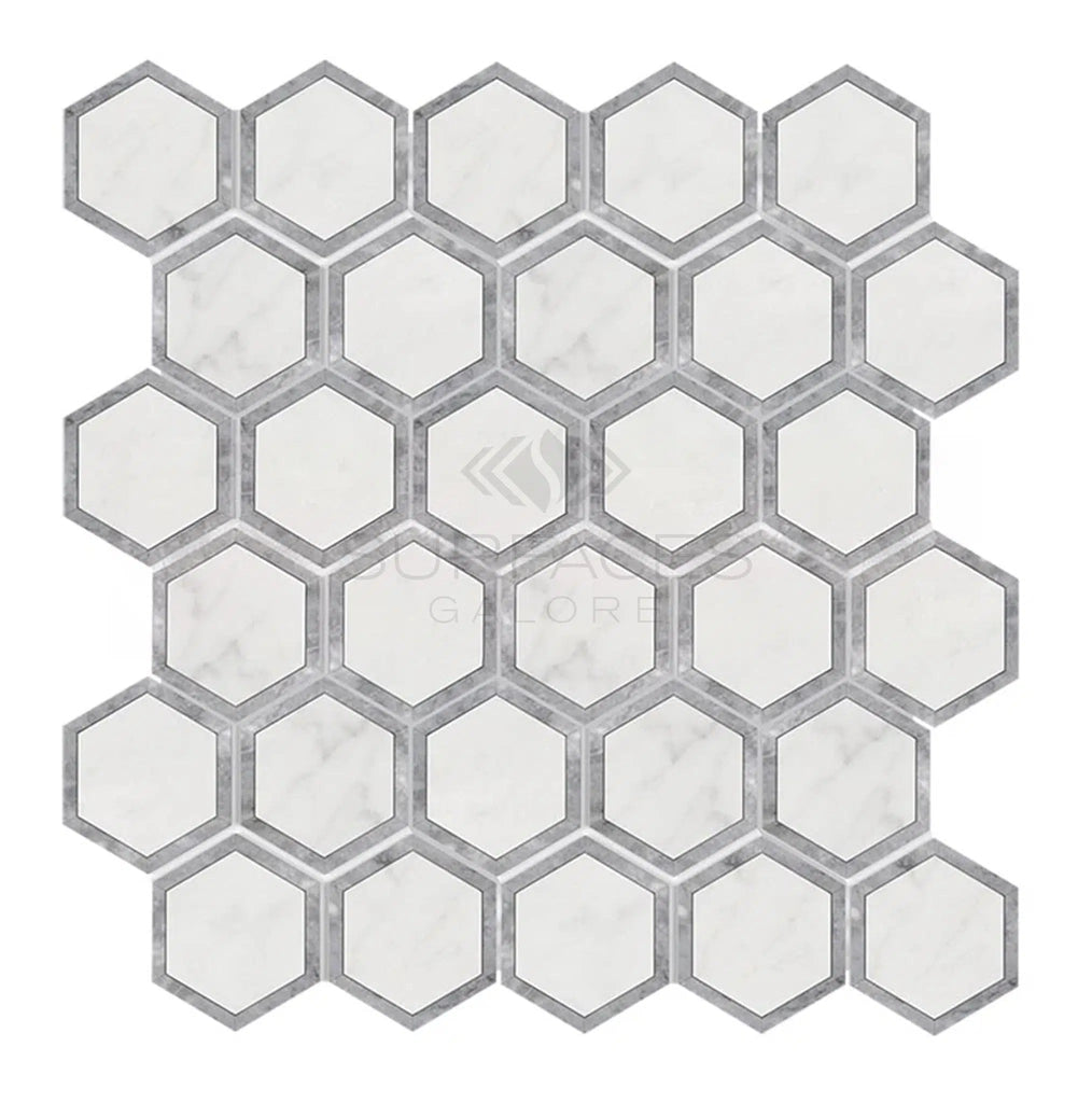 Oriental White / Asian Statuary 2X2 Vortex Hexagon w/Blue - Gray Marble Mosaic Polished - Honed - SurfacesGalorePolished