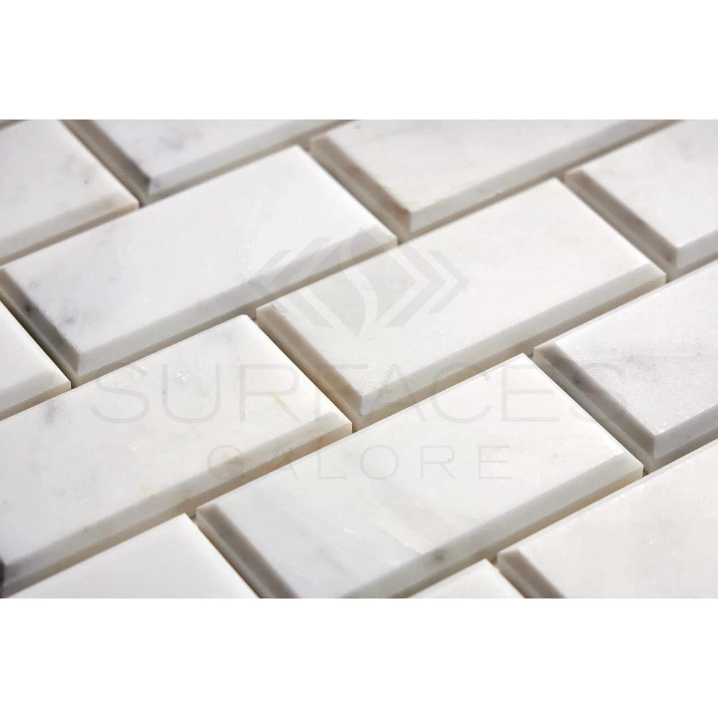 Oriental White / Asian Statuary 2X4 Brick Deep-Beveled Marble Mosaic Polished-Honed