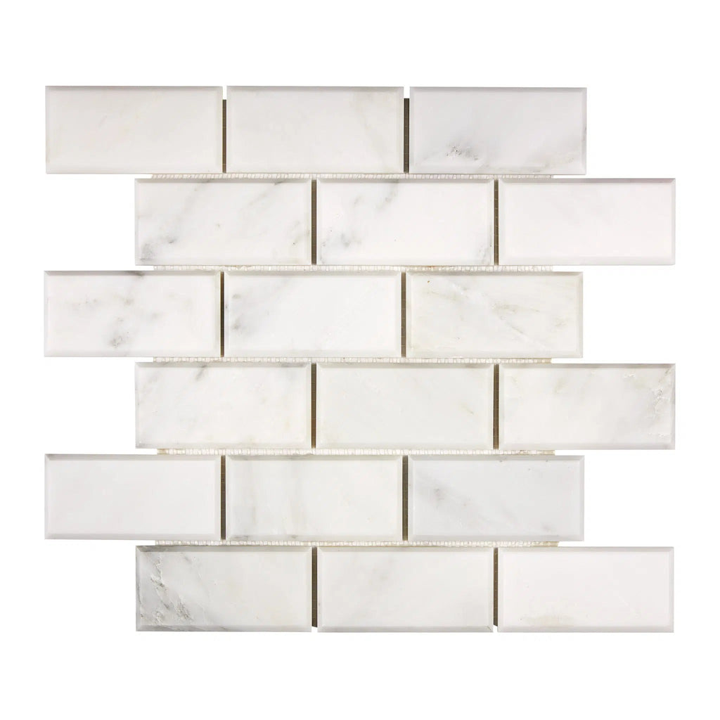 Oriental White / Asian Statuary 2X4 Brick Deep-Beveled Marble Mosaic Polished-Honed