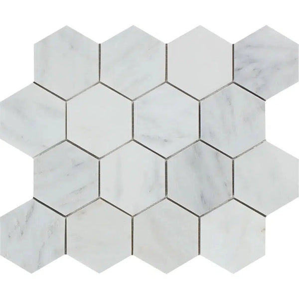 Oriental White / Asian Statuary 3" Hexagon Marble Mosaic Polished-Honed