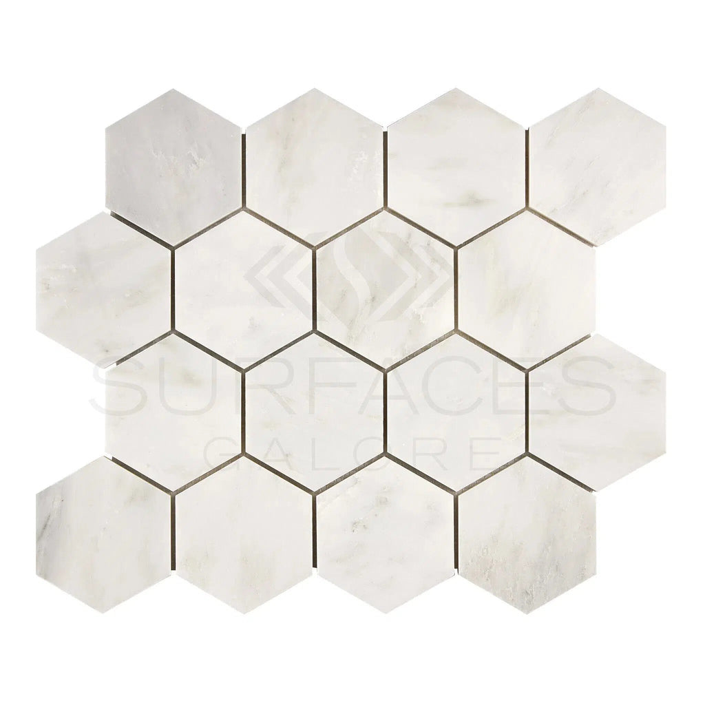 Oriental White / Asian Statuary 3X3 Hexagon Marble Mosaic Polished - Honed - SurfacesGalorePolished