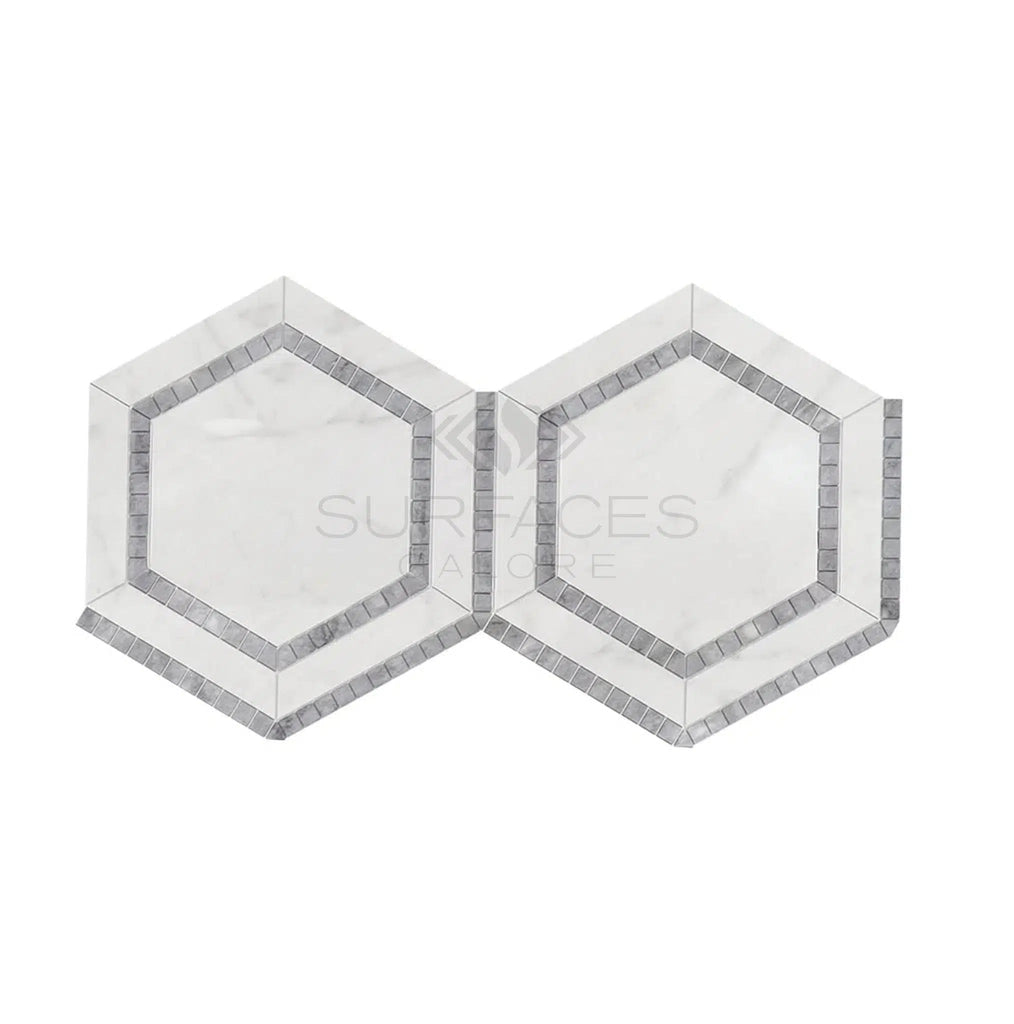 Oriental White / Asian Statuary 5" Hexagon Combination w/ Blue-Gray Marble Mosaic Polished-Honed