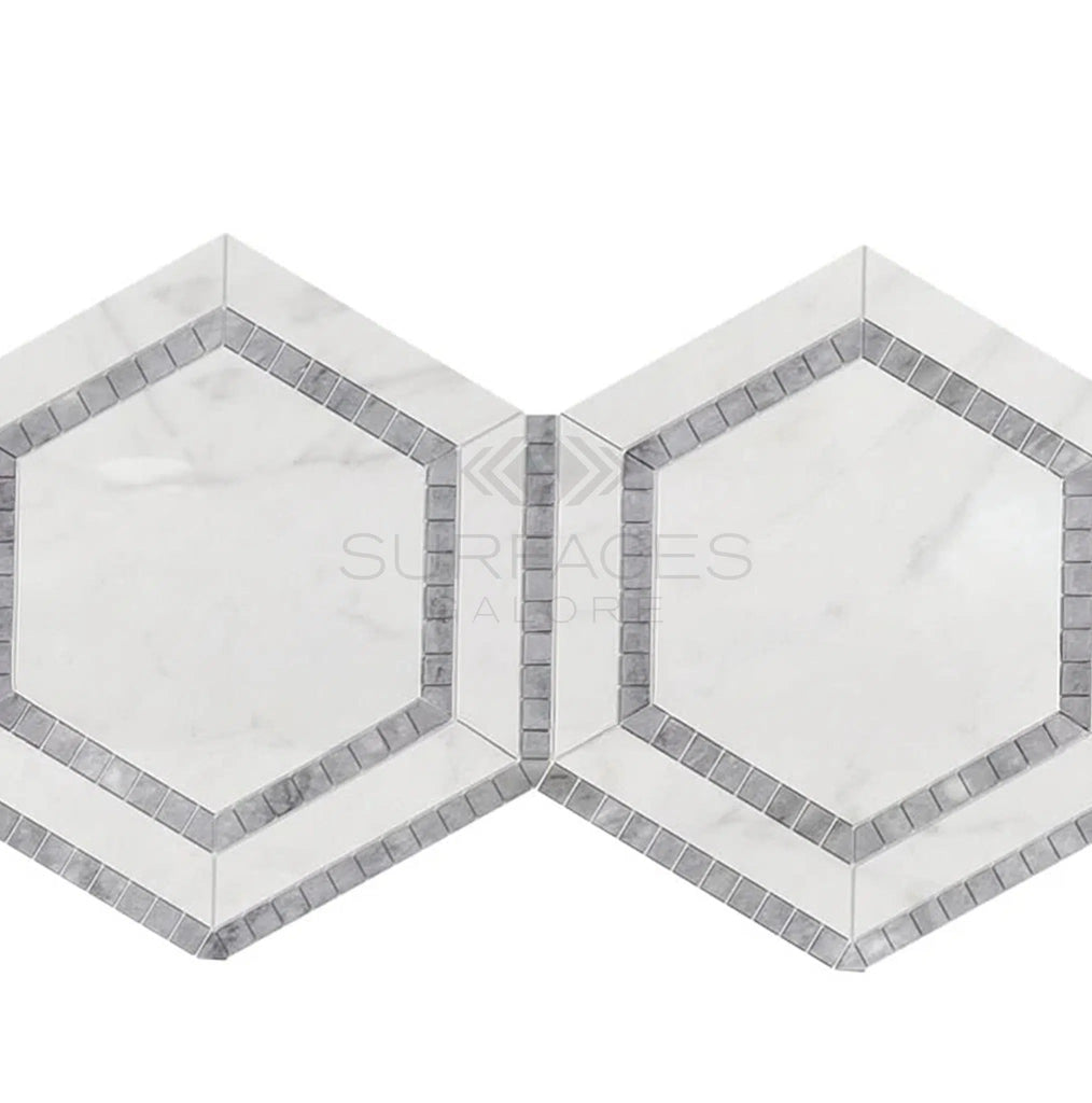 Oriental White / Asian Statuary 5" Hexagon Combination w/ Blue-Gray Marble Mosaic Polished-Honed