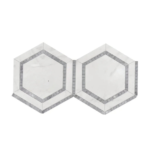 Oriental White / Asian Statuary 5" Hexagon Combination w/ Blue-Gray Marble Mosaic Polished-Honed