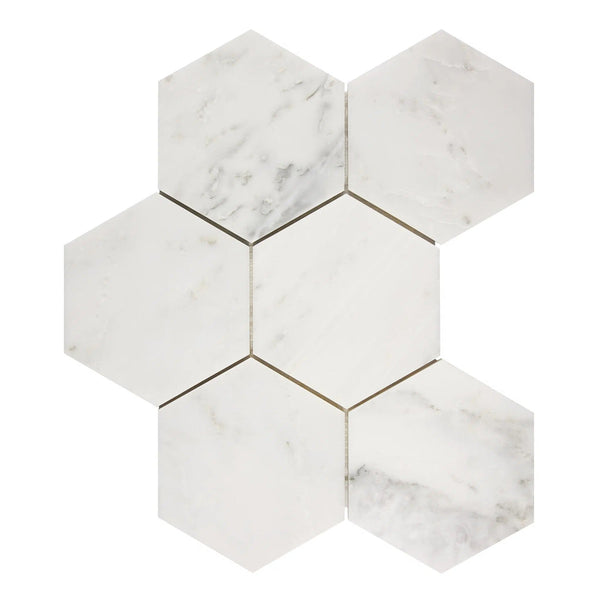 Oriental White / Asian Statuary 5" Hexagon Marble Mosaic Polished-Honed