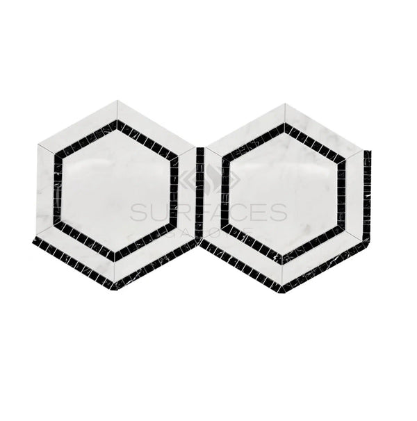 Oriental White / Asian Statuary 5X5 Hexagon Combination w/ Black Marble Mosaic Polished - Honed - SurfacesGalorePolished