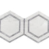 Two adjoining Oriental White / Asian Statuary 5X5 Hexagon Combination tiles with a polished-honed finish from SurfacesGalore evoke a classic aesthetic. Each tile features a blue-gray marble mosaic border, creating a decorative geometric design. The background is plain white, highlighting the elegance of these marble tiles.