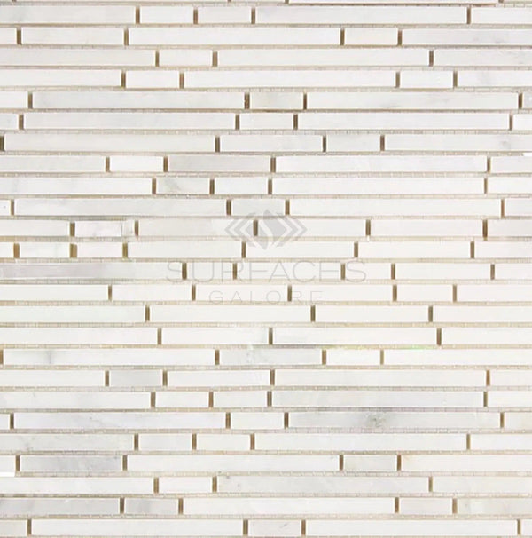 The Oriental White / Asian Statuary Bamboo Sticks Marble Mosaic Polished-Honed from SurfacesGalore, with its horizontal rectangular pieces of varying lengths, creates a contemporary and textured pattern, perfect for any space.