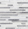 A decorative tile pattern featuring horizontal Thassos, Oriental White, and Blue-Gray rectangular tiles of varying lengths evokes the elegance of Oriental White / Asian Statuary Bamboo Sticks marble from SurfacesGalore.