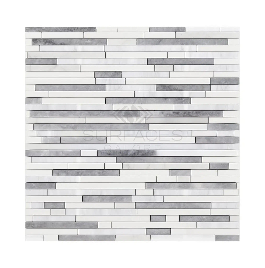 A modern mosaic design is achieved by horizontally stacking white and gray rectangular tiles from SurfacesGalore's Oriental White / Asian Statuary Bamboo Sticks (Thassos+Oriental White+Blue-Gray) Marble Mosaic, adding a luxurious touch with polished and honed finishes.