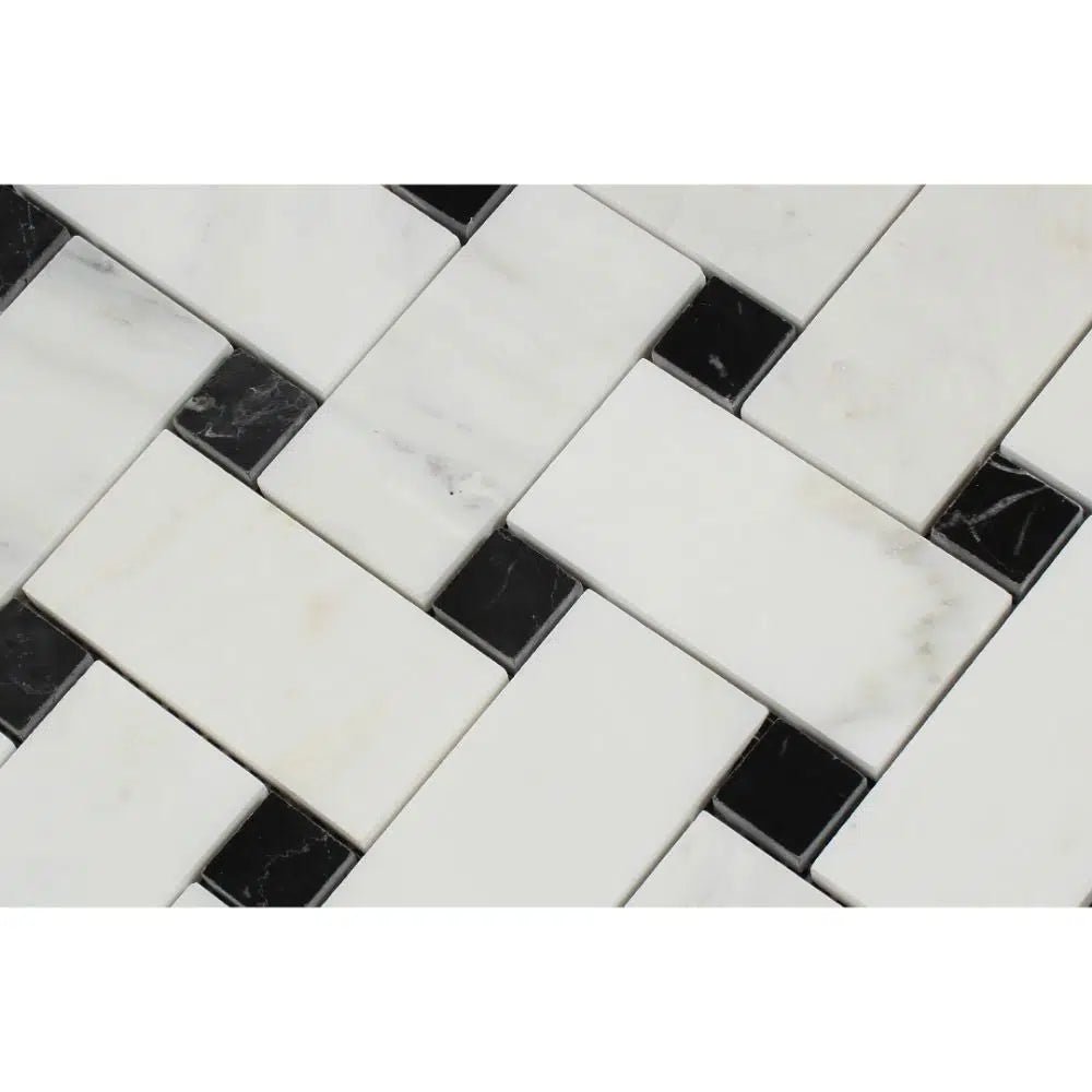 Oriental White / Asian Statuary Basketweave w/Black - LARGE Marble Mosaic Polished - Honed - SurfacesGalorePolished