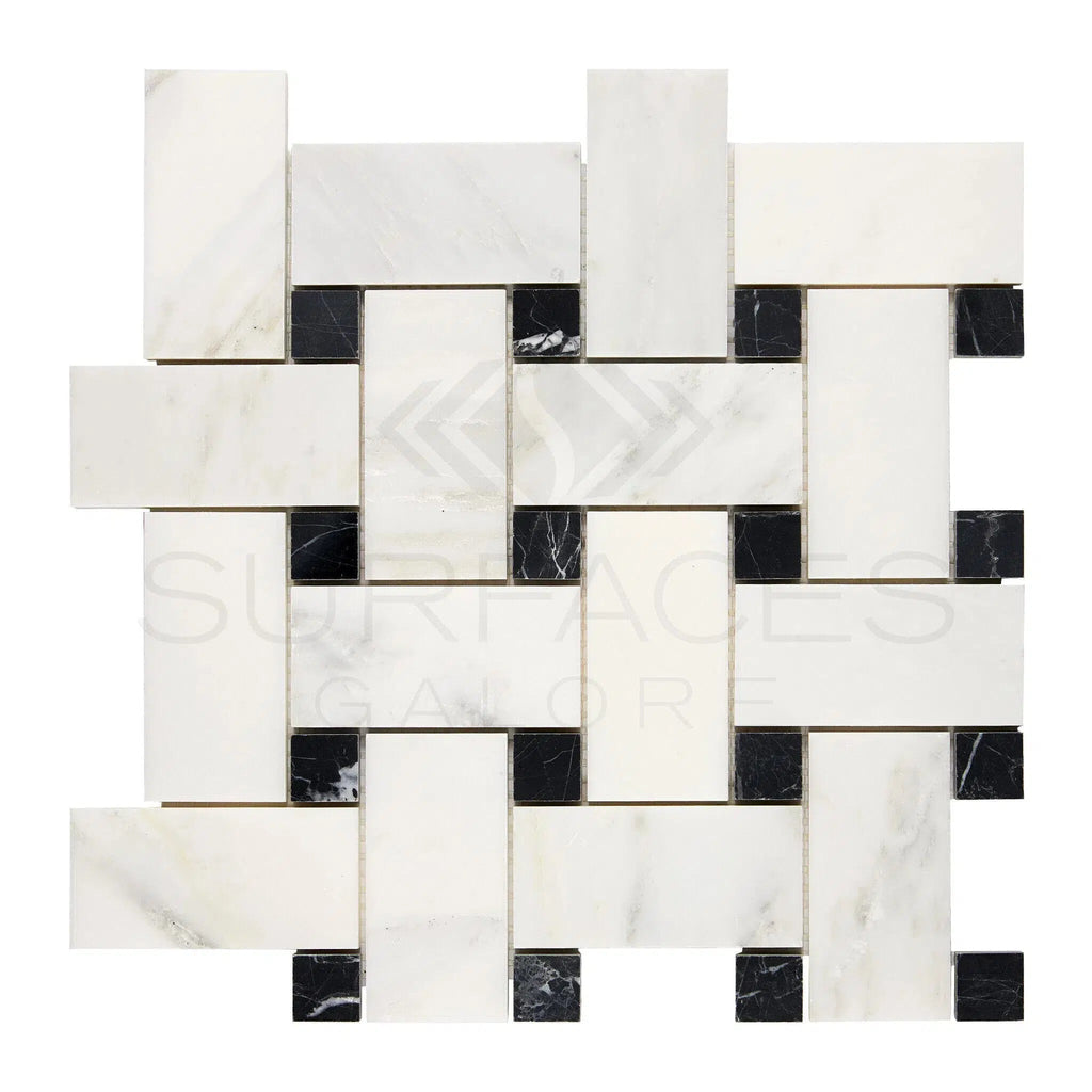 Oriental White / Asian Statuary Basketweave w/Black - LARGE Marble Mosaic Polished - Honed - SurfacesGalorePolished