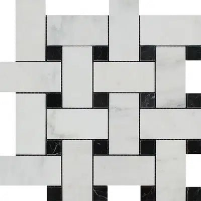 Oriental White / Asian Statuary Basketweave w/Black - LARGE Marble Mosaic Polished - Honed - SurfacesGalorePolished