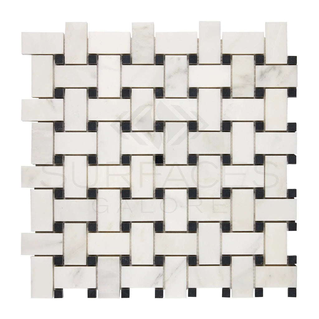 Oriental White / Asian Statuary Basketweave w/Black Marble Mosaic Polished - Honed - SurfacesGalorePolished