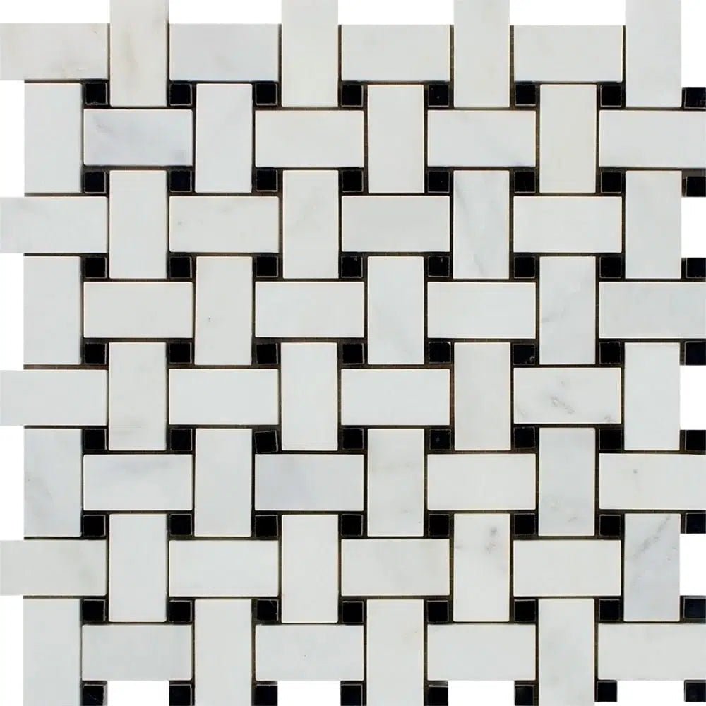 Oriental White / Asian Statuary Basketweave w/Black Marble Mosaic Polished - Honed - SurfacesGalorePolished