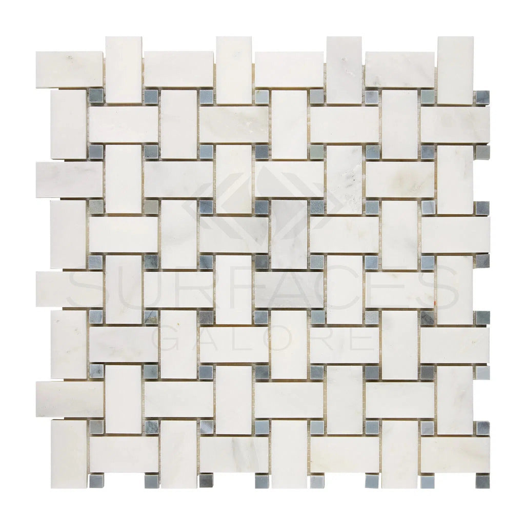 Oriental White / Asian Statuary Basketweave w/Blue - Gray Marble Mosaic Polished - Honed - SurfacesGalorePolished