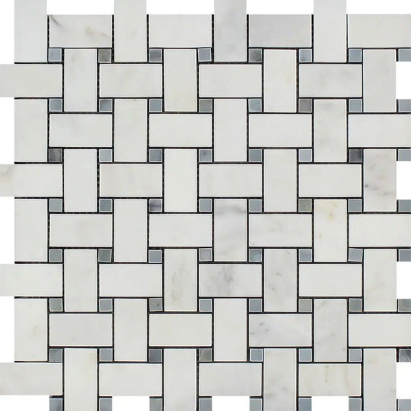 Oriental White / Asian Statuary Basketweave w/Blue - Gray Marble Mosaic Polished - Honed - SurfacesGalorePolished