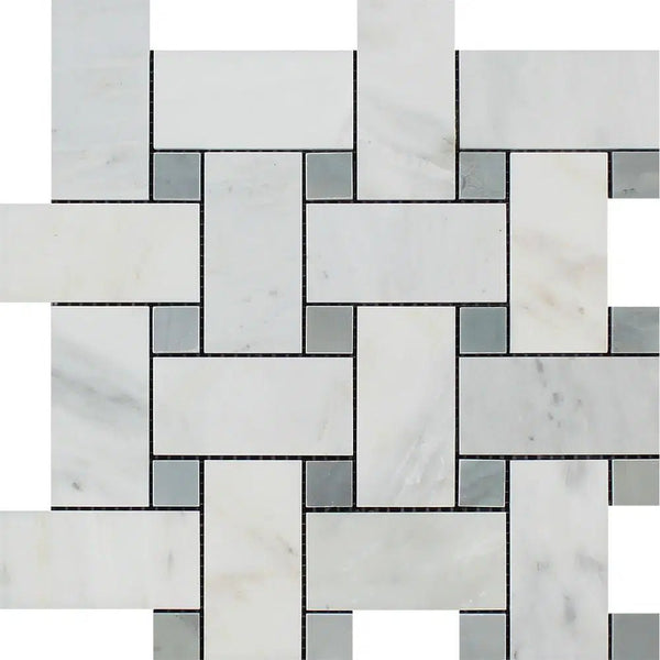 Oriental White / Asian Statuary Basketweave w/Blue - gray - LARGE Marble Mosaic Polished - Honed - SurfacesGalorePolished