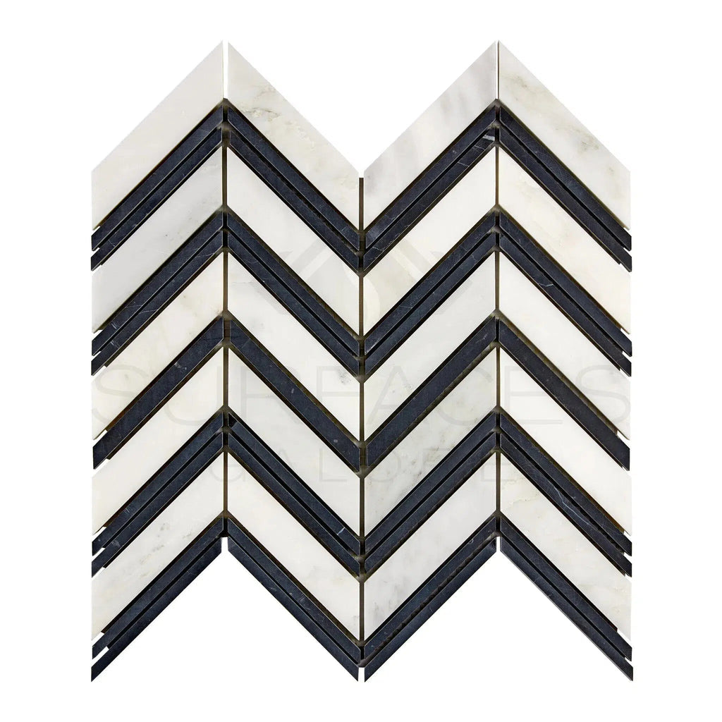 Oriental White / Asian Statuary Chevron Large (w/Oriental White/Black) Marble Mosaic Polished - Honed - SurfacesGalorePolished