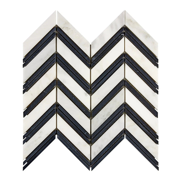 Oriental White / Asian Statuary Chevron Large (w/Oriental White/Black) Marble Mosaic Polished-Honed