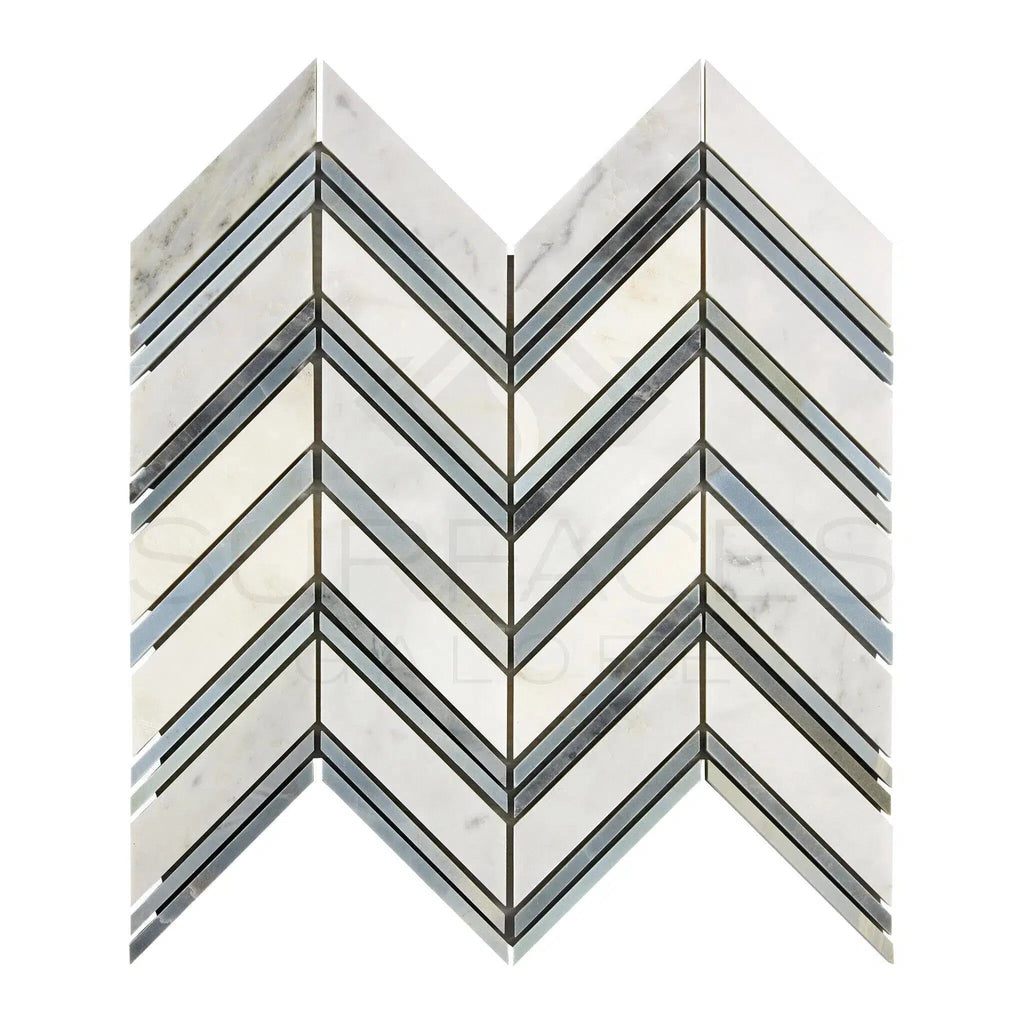 Oriental White / Asian Statuary Chevron Large (w/Oriental White/Blue-Gray) Marble Mosaic Polished-Honed