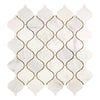 A sheet of Oriental White / Asian Statuary Lantern 3inch (Arabesque/Moroccan/Baroque) Marble Mosaic Polished-Honed tiles from SurfacesGalore, featuring subtle gray veining arranged in a repeating arabesque pattern.