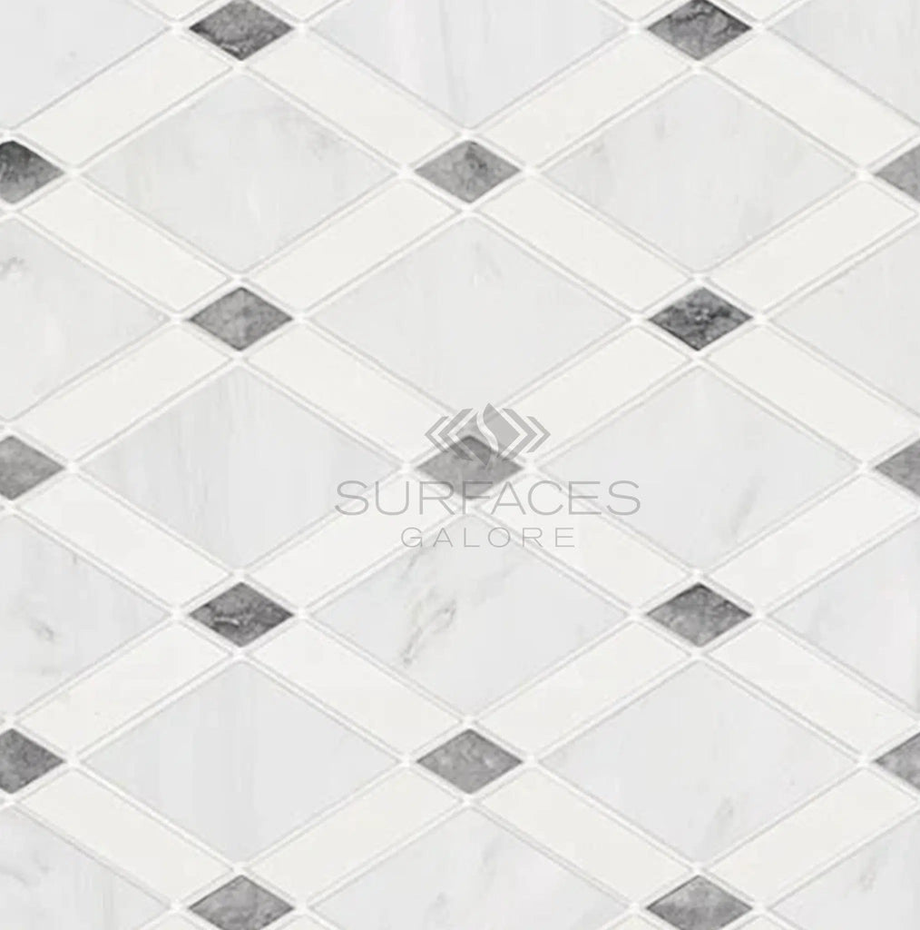 Oriental White / Asian Statuary Lattice (Thassos/Oriental White/Blue - Gray) Marble Mosaic Polished - Honed - SurfacesGalorePolished