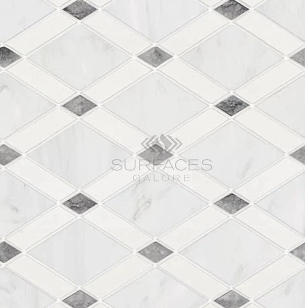 Oriental White / Asian Statuary Lattice (Thassos/Oriental White/Blue - Gray) Marble Mosaic Polished - Honed - SurfacesGalorePolished