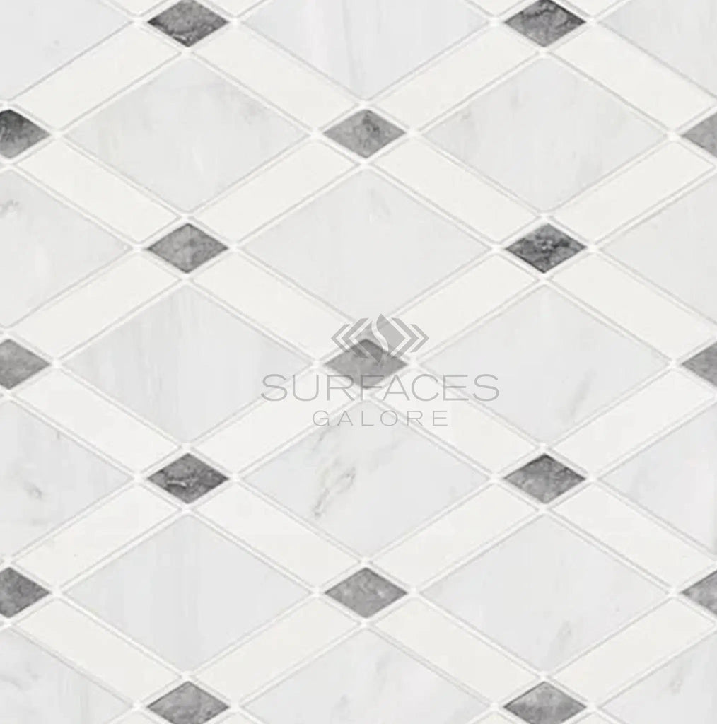 Oriental White / Asian Statuary Lattice (Thassos/Oriental White/Blue-Gray) Marble Mosaic Polished-Honed