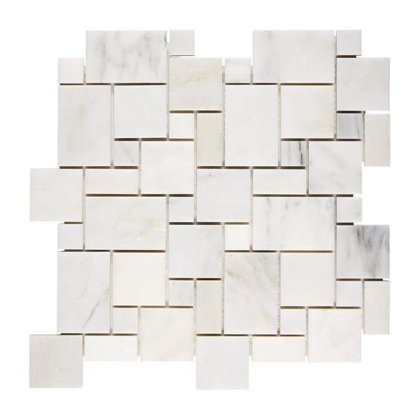 Oriental White / Asian Statuary Mini-Versailles Pattern Marble Mosaic Polished-Honed