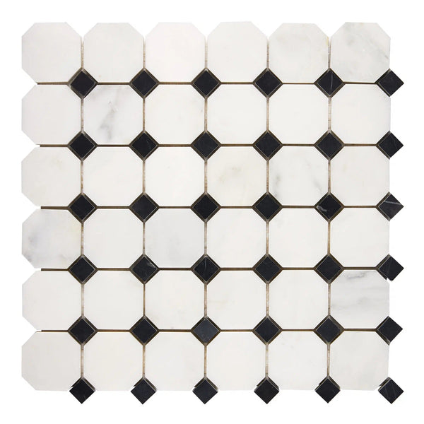 Oriental White / Asian Statuary Octagon Mosaic - w/Black Marble Mosaic Polished-Honed