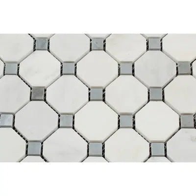 Oriental White / Asian Statuary Octagon Mosaic - w/Blue - Gray Marble Mosaic Polished - Honed - SurfacesGalorePolished