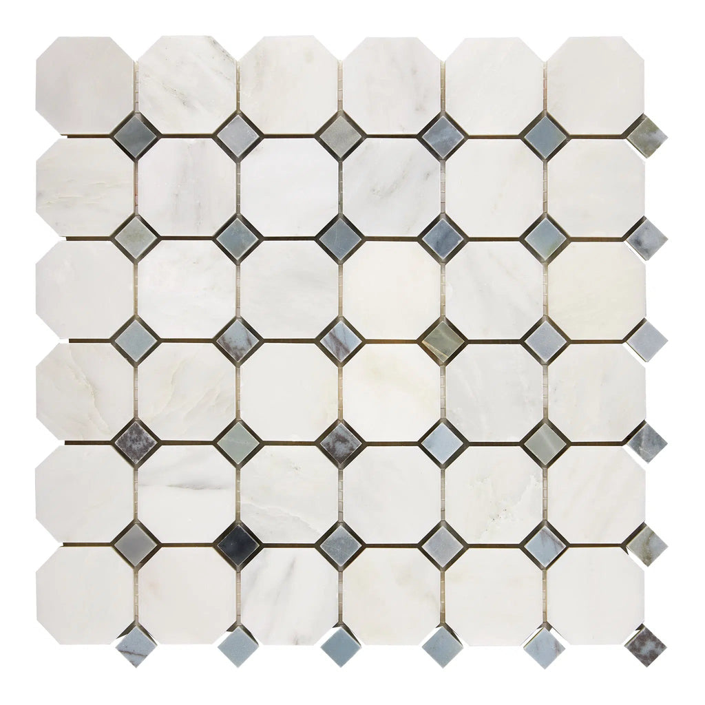 Oriental White / Asian Statuary Octagon Mosaic - w/Blue-Gray Marble Mosaic Polished-Honed