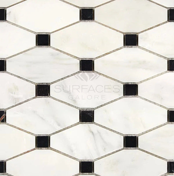 The Oriental White / Asian Statuary Octave (Long Octagon) with Black Marble Mosaic Polished-Honed from SurfacesGalore features a hexagonal white and black tile pattern that forms a grid with small black square tiles at the intersections, creating a classic aesthetic reminiscent of Oriental White Marble.