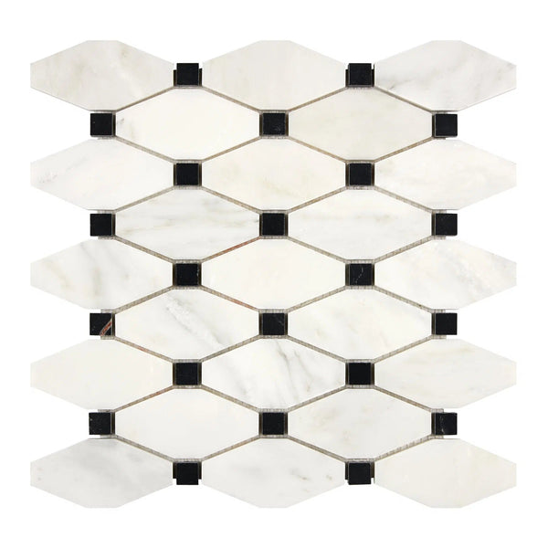 Oriental White / Asian Statuary Octave (Long Octagon) (w/ Black) Marble Mosaic Polished-Honed