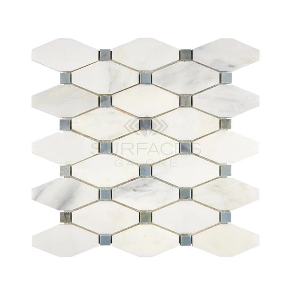 The Oriental White / Asian Statuary Octave (Long Octagon) Marble Mosaic Polished-Honed from SurfacesGalore features a classic geometric pattern with diamond-shaped white and gray tiles, accented by small squares on a plain background, evoking a luxurious marble design.