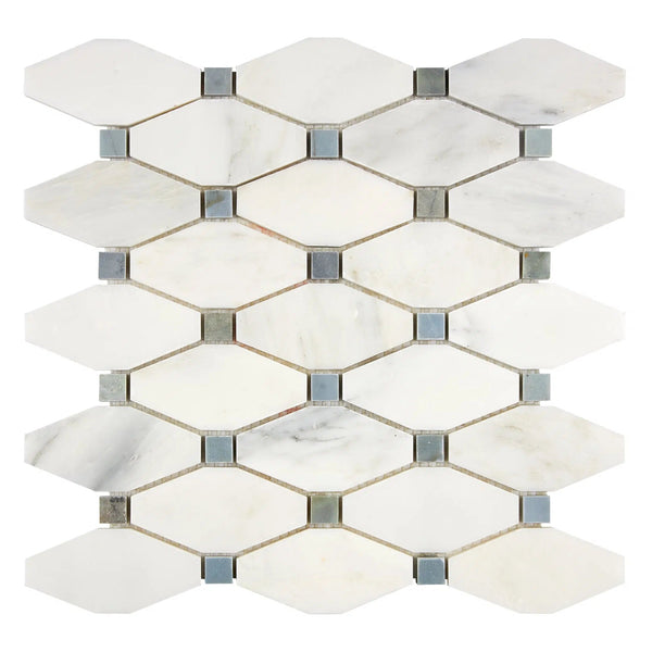 Oriental White / Asian Statuary Octave (Long Octagon) (w/Blue-Gray) Marble Mosaic Polished-Honed